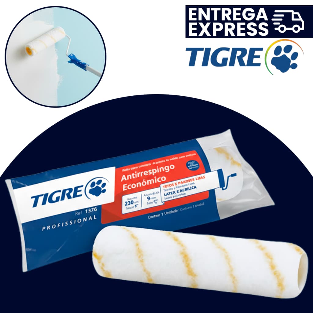 Rolo Para Pintura Tigre 23Cm Anti Respingo Listra Amarela Sem Cabo Antirrespingo Profissional