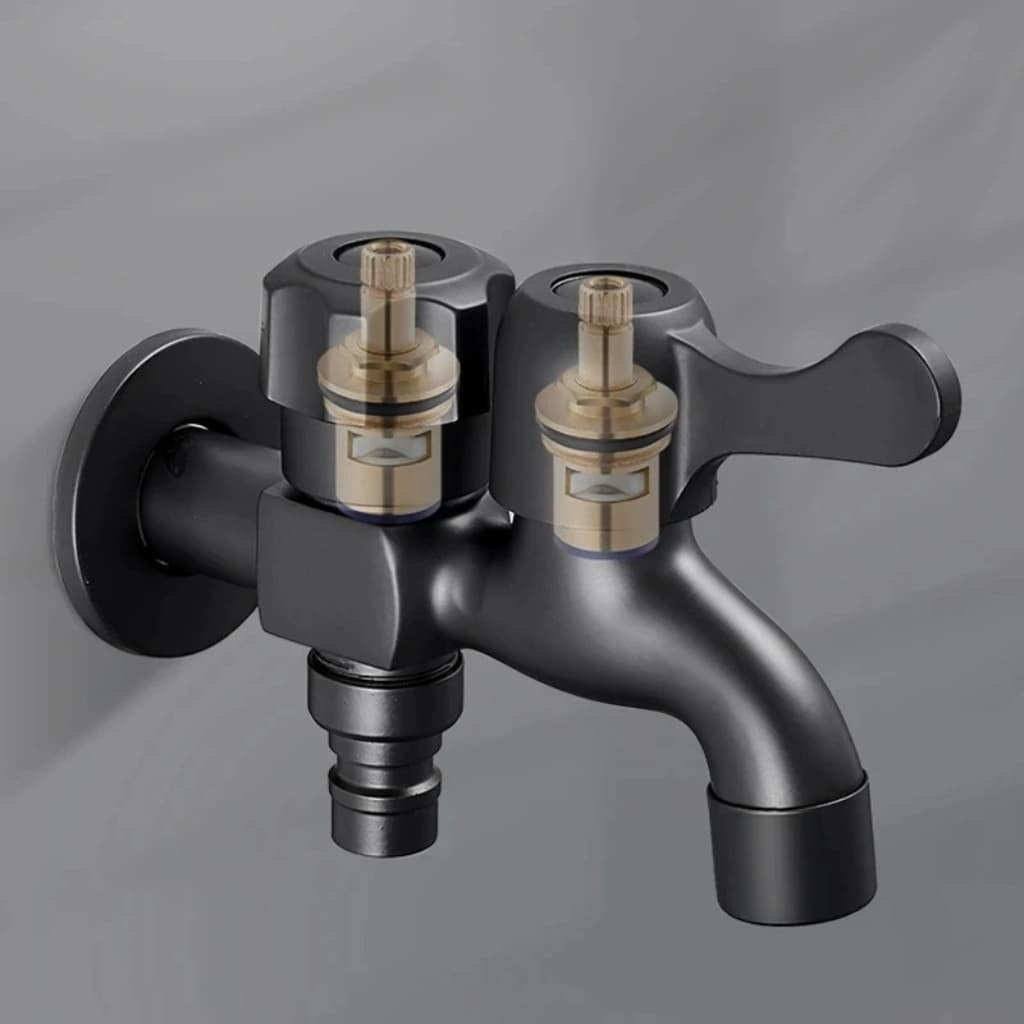 Torneira para Tanque Preta 2 Vias Dupla Saída Metal p/ Lavanderia e Máquina