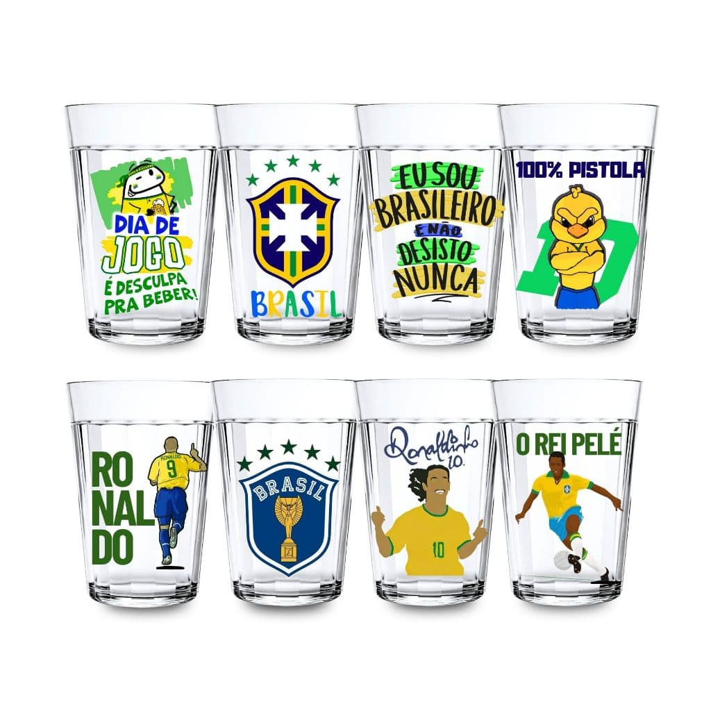 4 Copos Americano Temáticos Frases Brasil 190ml Jogadores Seleção Futebol  Decorativo Churrasco