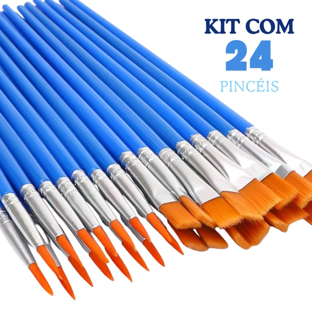 Kit Completo 24 Pincéis Pintura Artística Ponta Fina E Reta