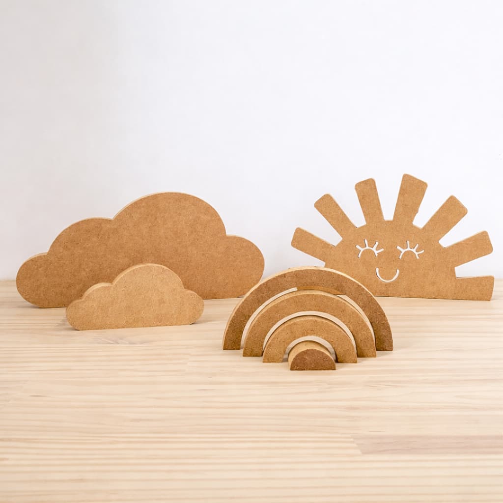 Kit Decorativo em MDF Cru – Sol, Nuvens e Arco-Íris