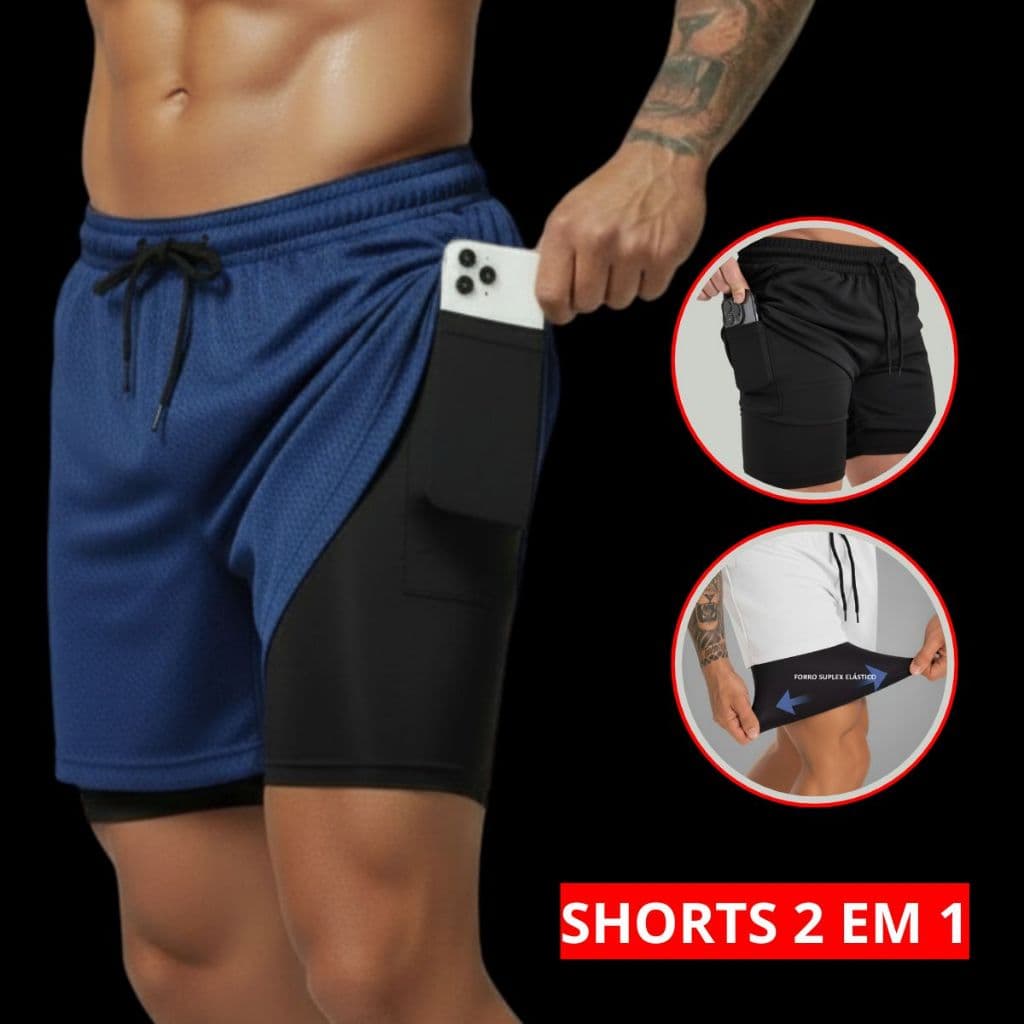 Short Masculino 2 Em 1 Dry Fit Tactel Forro Compressão Bolso Celular Bermuda Do P Ao GG