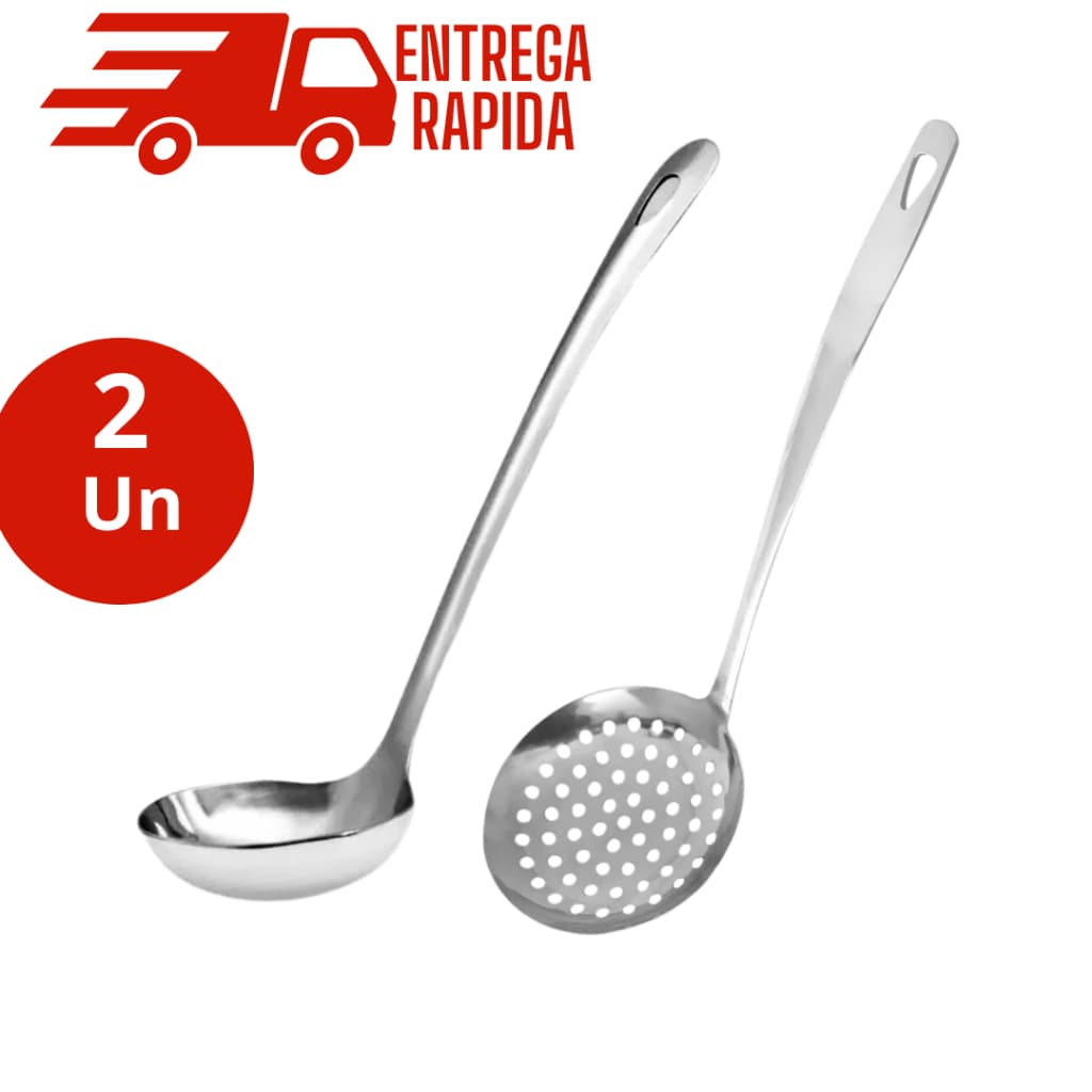 Kit Concha Sopa Caldos 30cm Escumadeira 32cm Inox Cozinha Profissional 2 Peças Gourmet Resistente