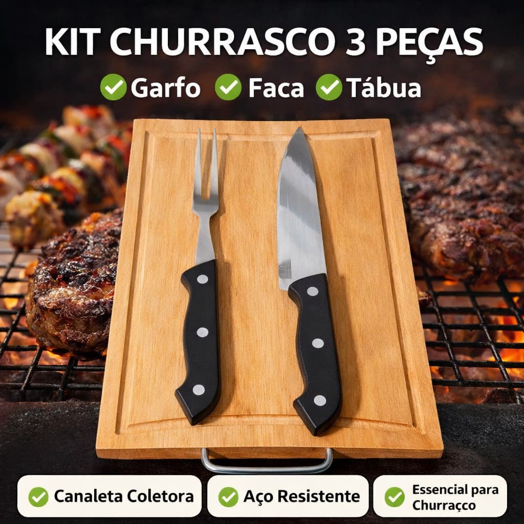 Kit Churrasco 03 Peças – Tábua em Eucalipto + Faca + Garfo