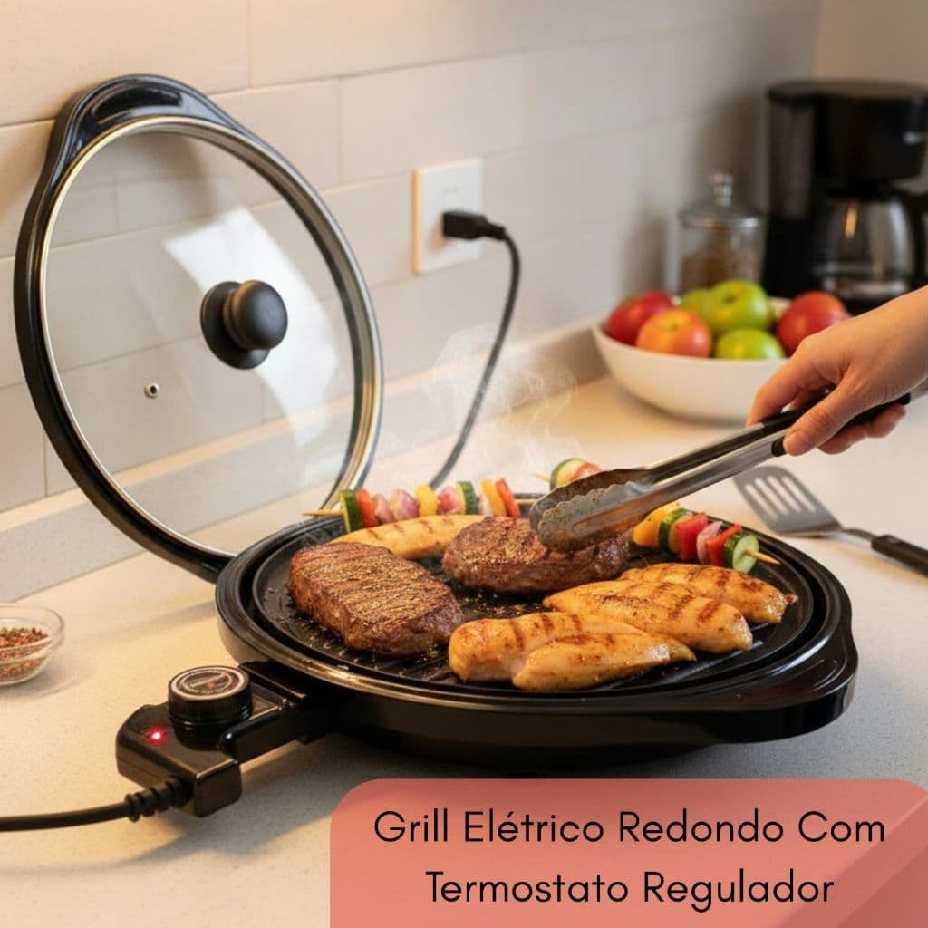 Grill Elétrico Redondo Com Termostato Ajustável Alta Potência 127V