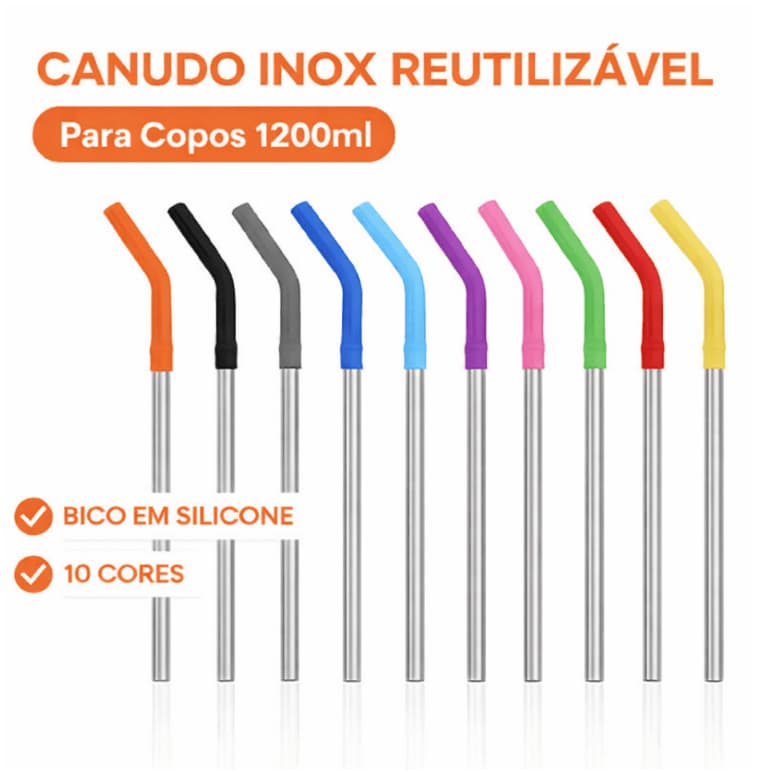 Canudo de Aço Inox Reutilizável Curvo com Ponteira de Silicone para Copos Grandes