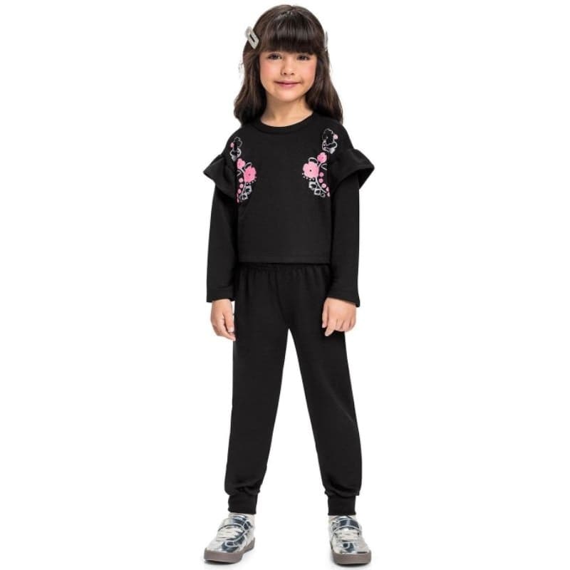 Conjunto Infantil Menina  Bee Loop Tamanho 6 | Conjunto Blusa Cropped e Calça Preto