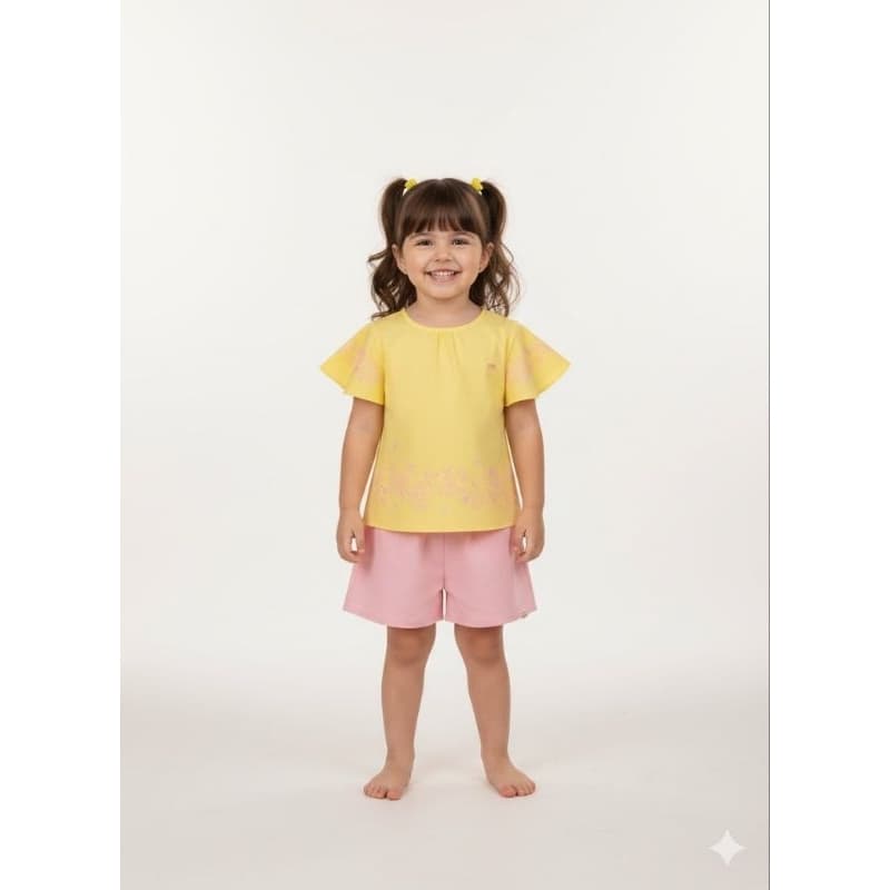 Conjunto Infantil Menina Milli&Nina Tamanho 4 | Conjunto Blusa e Shorts em Sarja Amarelo Milli e Nina
