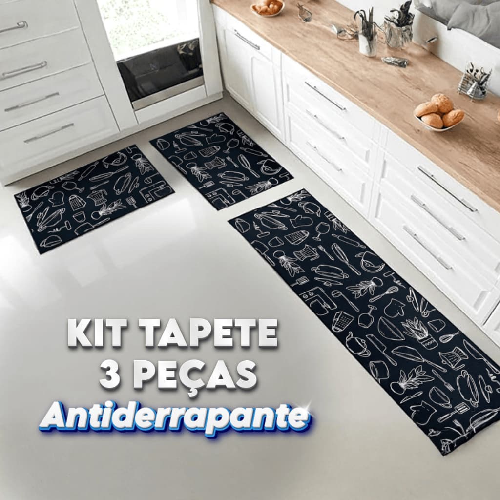Kit Tapete de Cozinha 3 Peças Jogo Antiderrapante Emborrachado Estampado Macio Resistente Velvet