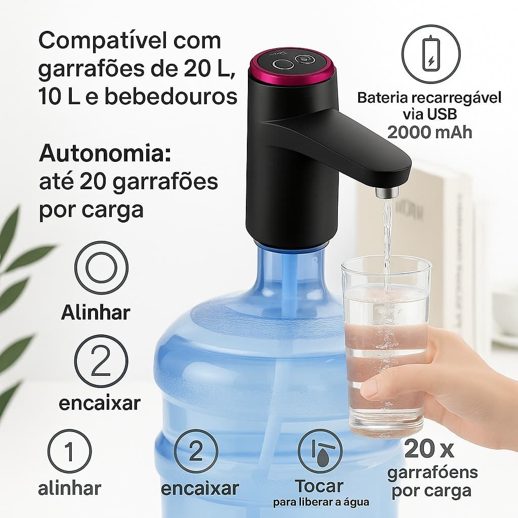 Bomba Elétrica Para Galão 20L USB Recarregável Automática Portátil Bivolt Fácil Instalação