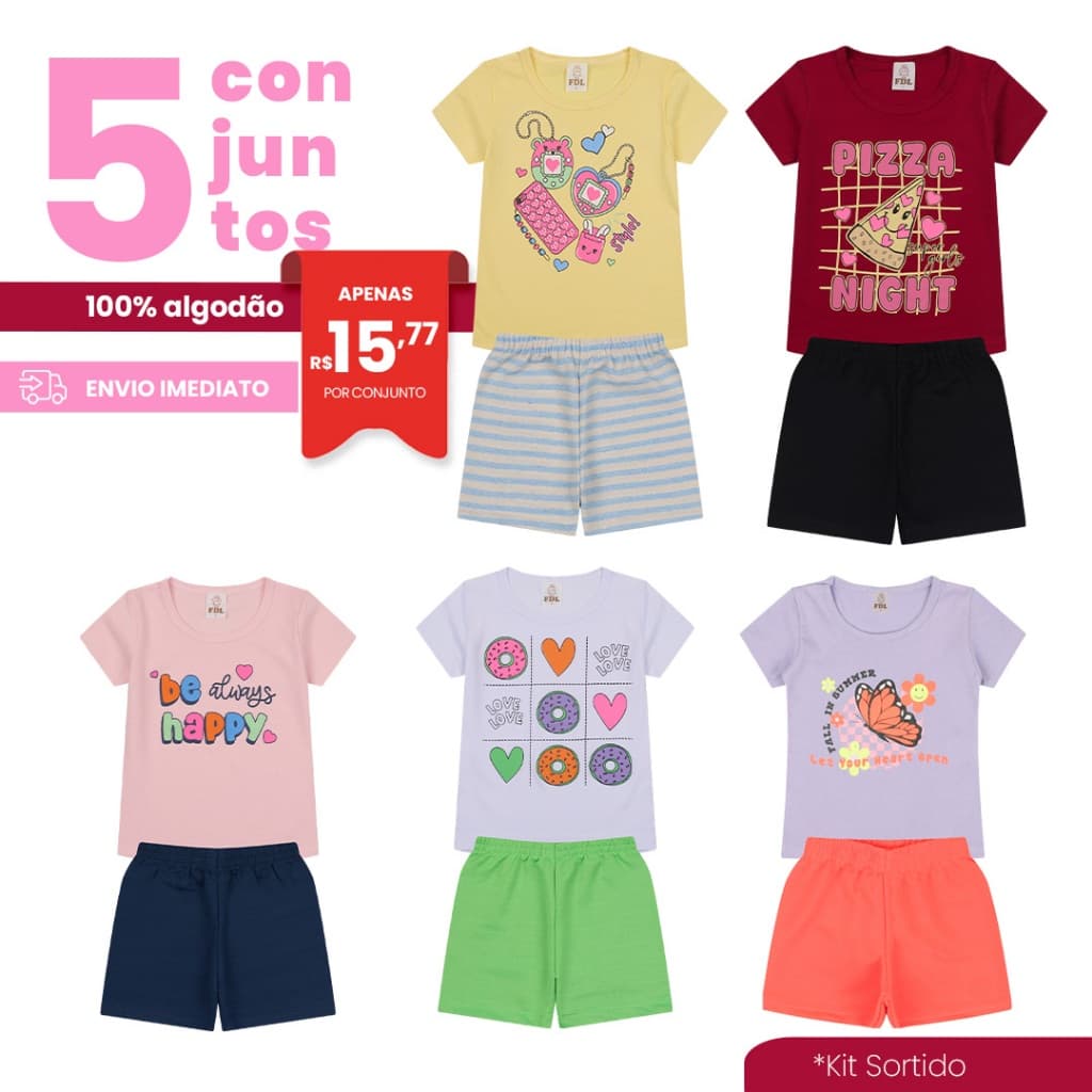 Kit Sortido 10 Peças de Roupas Infantil Menina- 5 Camisetas + 5 Bermudas - Kit 5 Conjuntos de Roupa Verão Menina Bebê