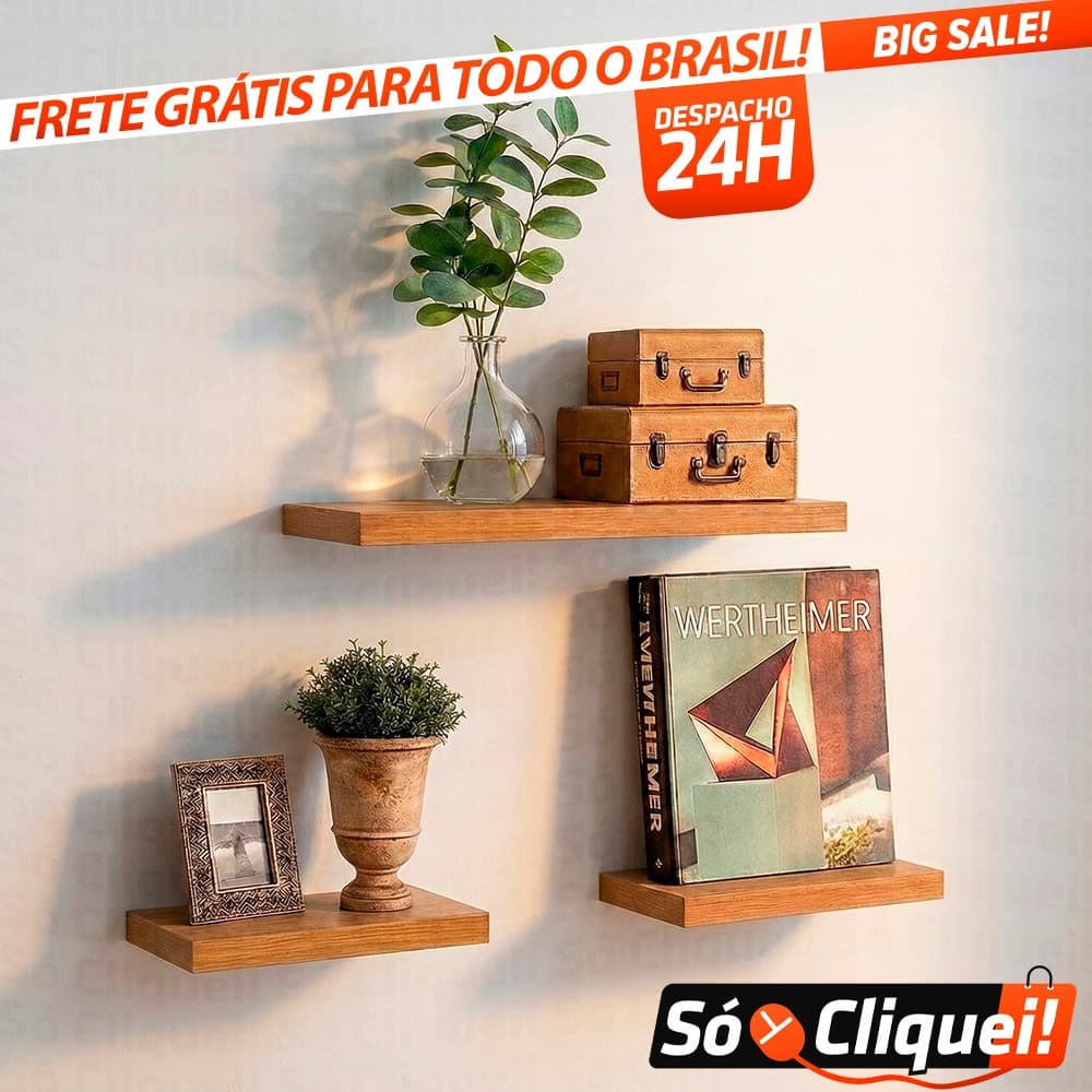 Kit 3 Prateleiras Suspensa Multiuso Madeira Resistente Nicho Organizador de Parede Decoração Quarto Sala Escritório