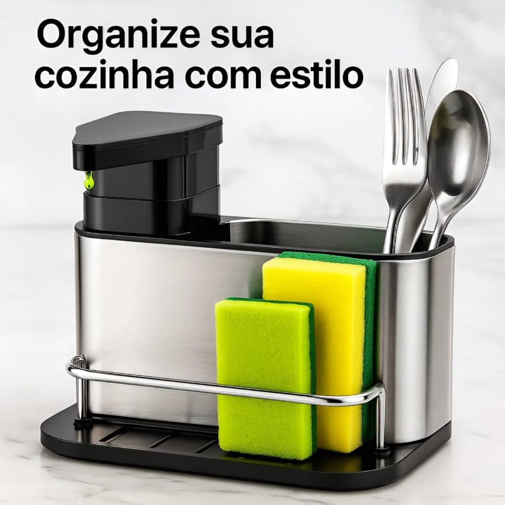 Dispenser Porta Detergente E Esponja 3 Em 1 Aço Inox Escorredor Talheres Utensilios de Cozinha Promoção