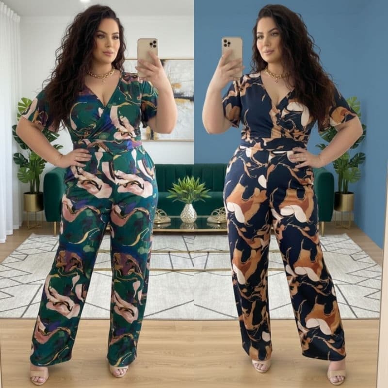 Macacão plus size longo estampa moda verao macacao feminino floral