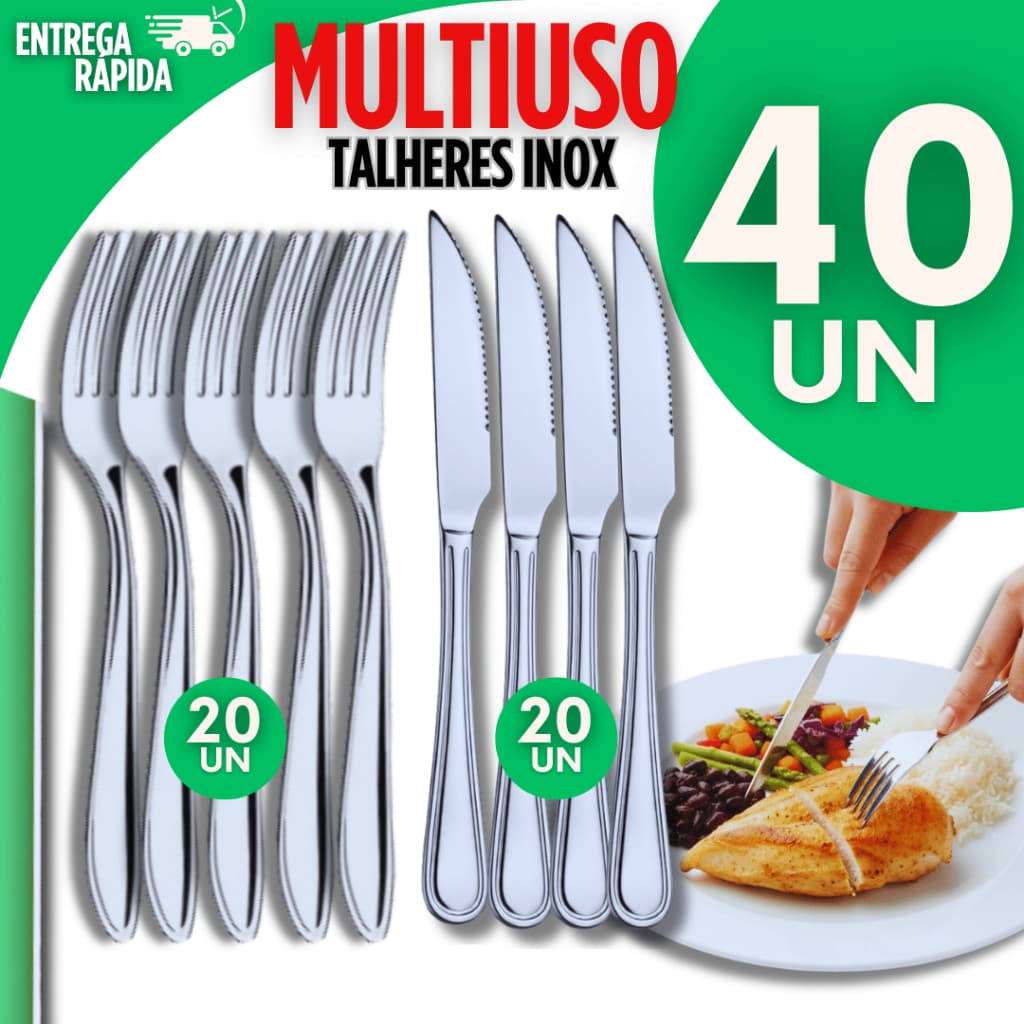 Jogo 40 Peças - Talher Inox Utilidades 20 Garfos 20 Facas Casa Cozinha Multiuso Buffet Talheres