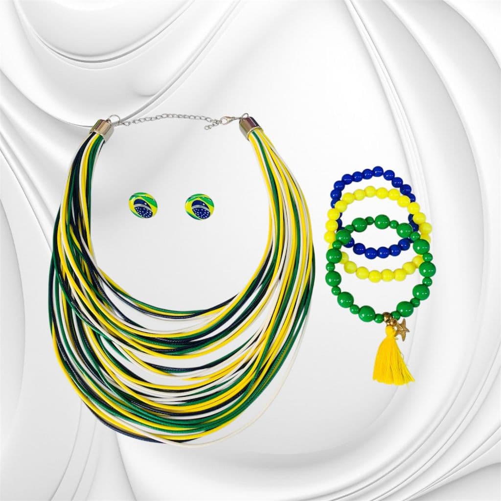 Conjunto de Acessórios Brasil – Edição Especial Copa do Mundo, Colar, Pulseira, Brinco