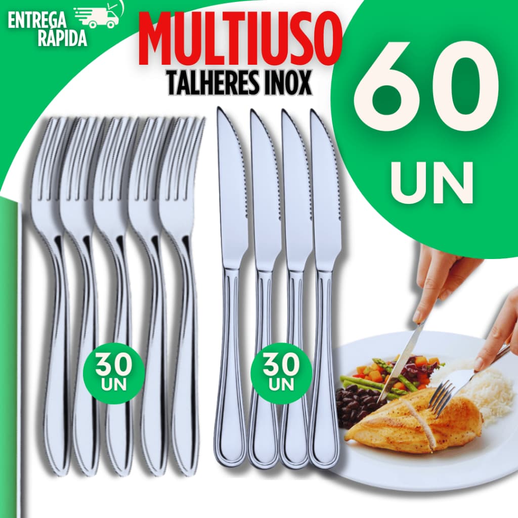 Jogo- 60 Peças - Talher Inox Utilidades 30 Garfos 30 Facas Casa Cozinha Multiuso Buffet Talheres