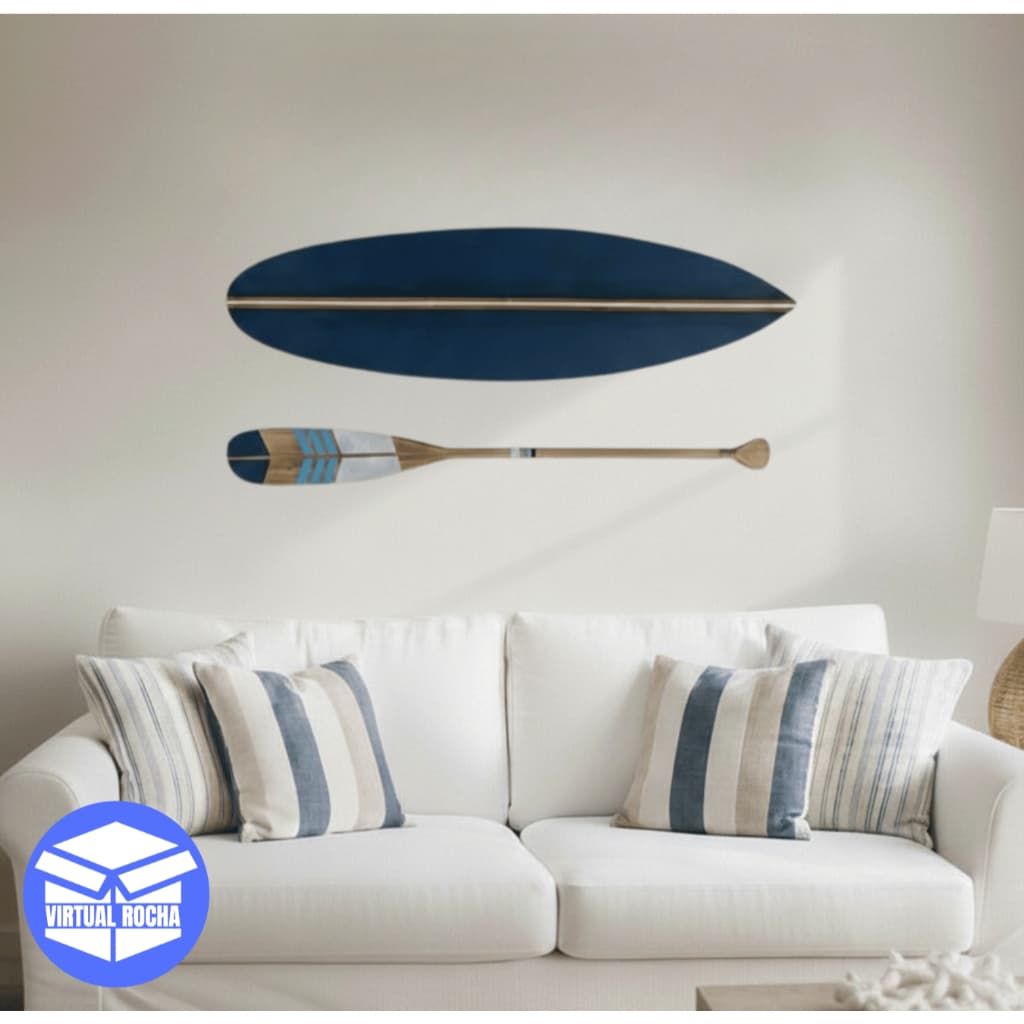 Decoração de Parede Conjunto Prancha e Remo Surf Praia Surfista Decoração Praiana Boho Prancha e Remo Mar MDF Azul Mar