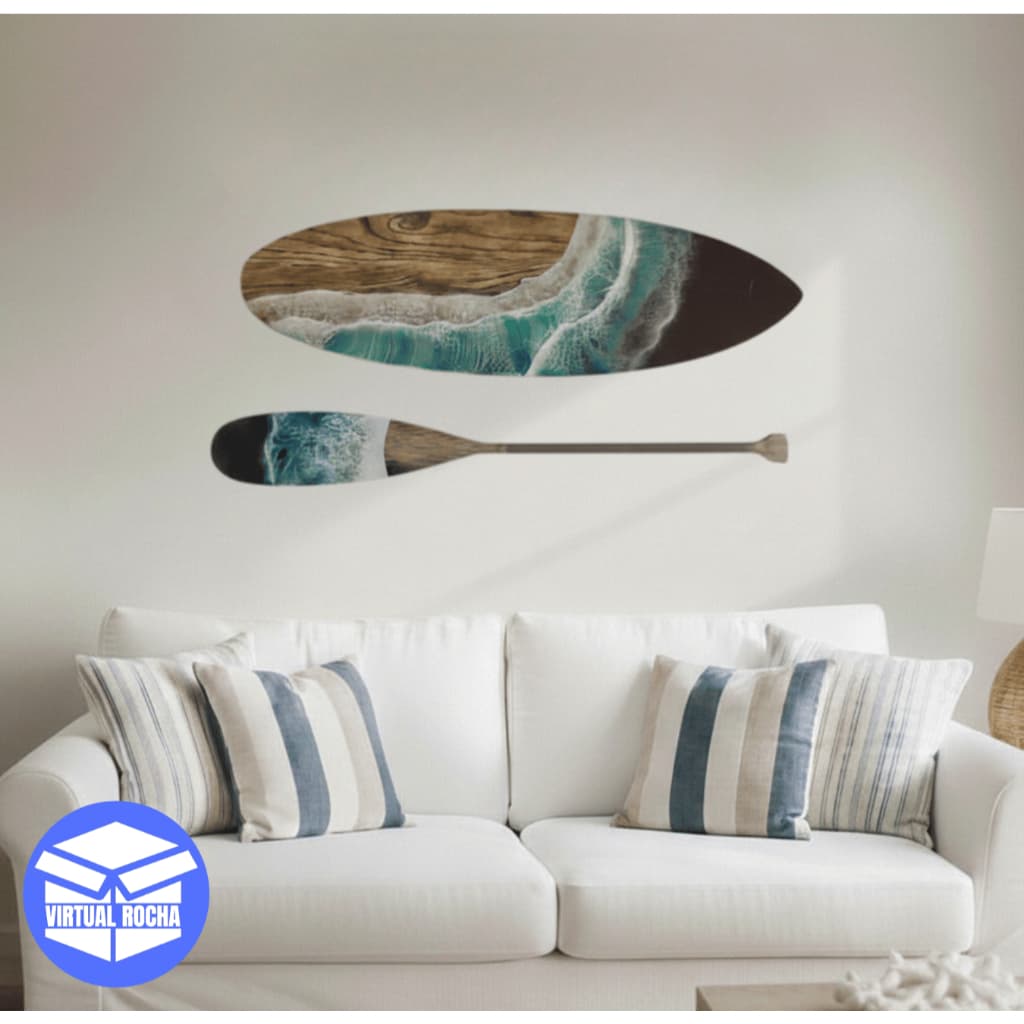 Quadro Decoração de Parede Conjunto Prancha e Remo Surf Praia Surfista Mar Decoração Praiana Boho Prancha e Remo Mar MDF