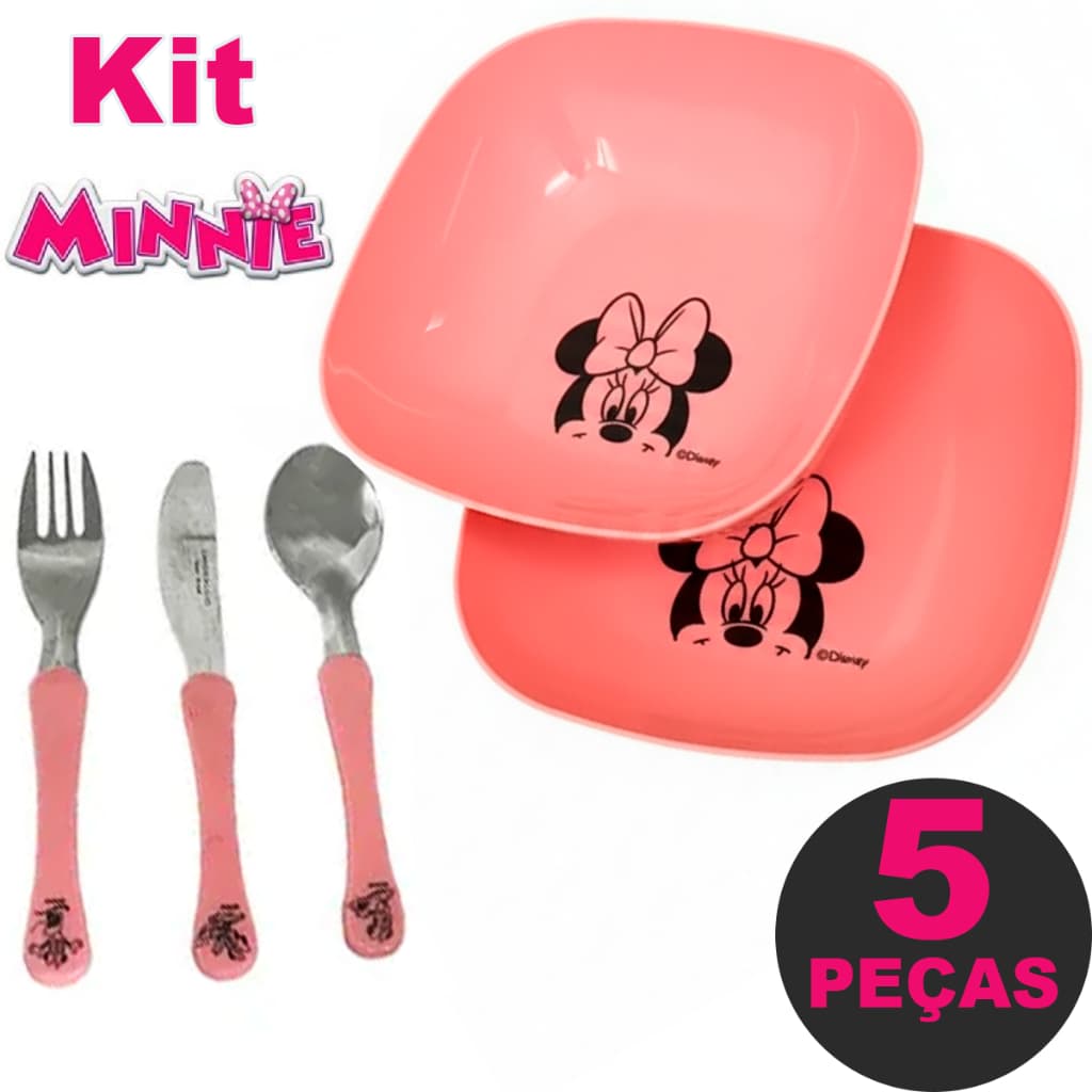 Kit Jogo 05 Peças Tigela Vasilia Infantil Cumbuca Minnie Rosa Talheres Inox para Meninas Resistente