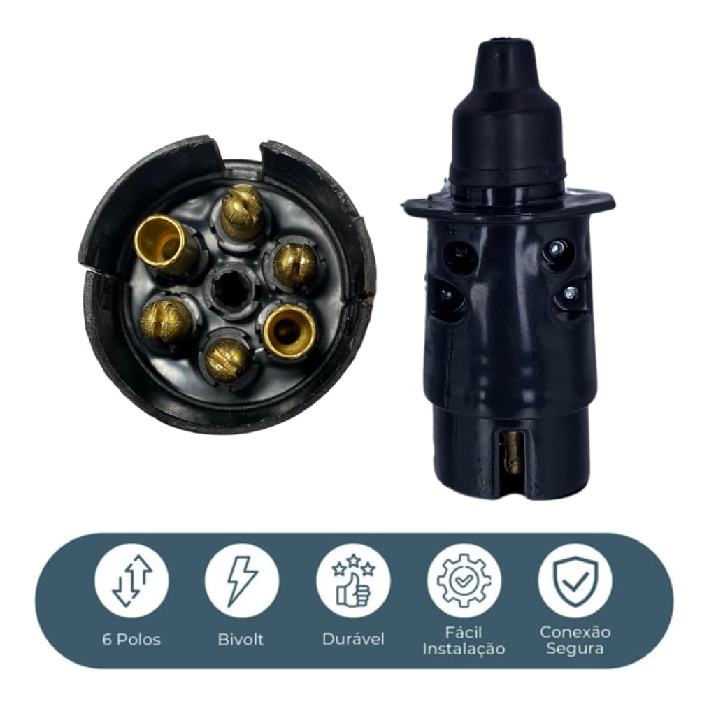 Plug Preto Tomada Macho 6 Pinos para Engate – Trailer, Carreta e Carretinha | Resistente, Envio Rápido