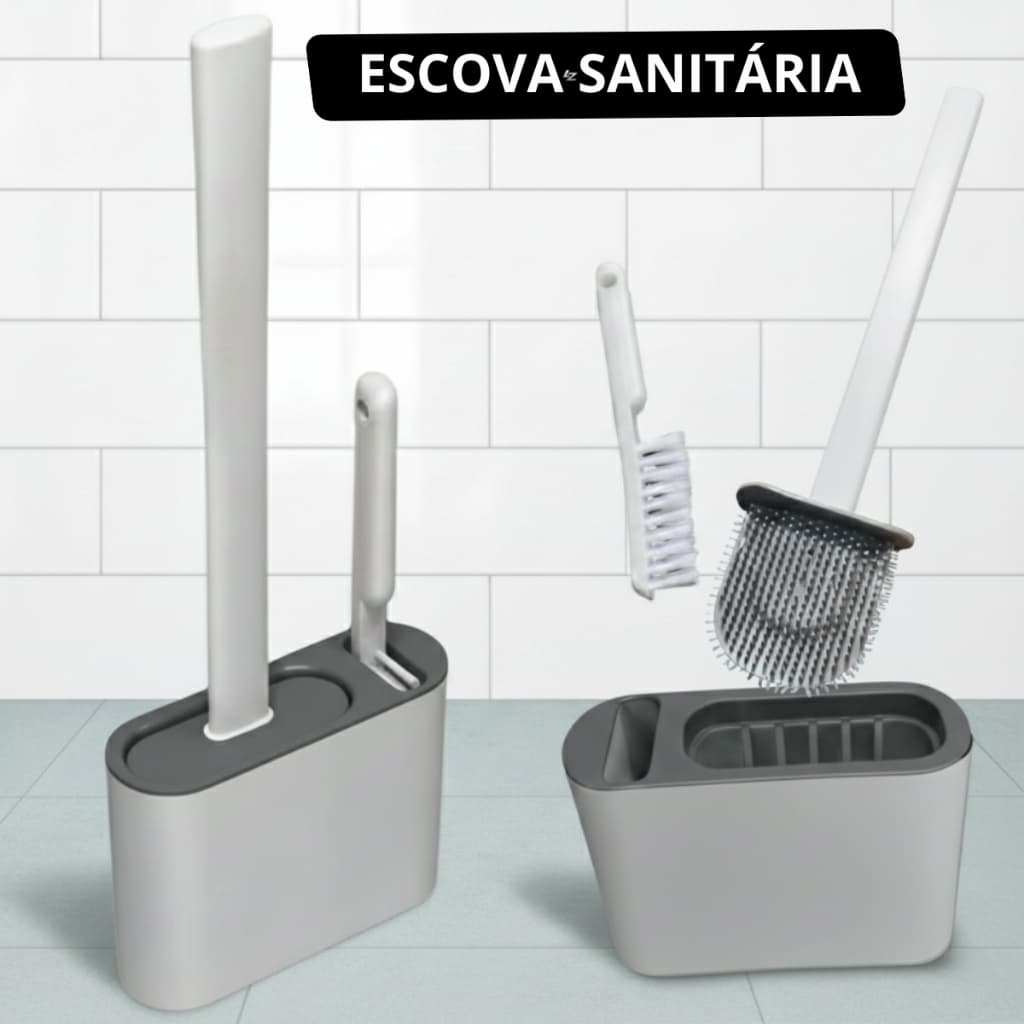 Dupla Escova Sanitária Silicone 2 em 1 com Base Suporte de Parede Banheiro Limpeza Privada Vaso