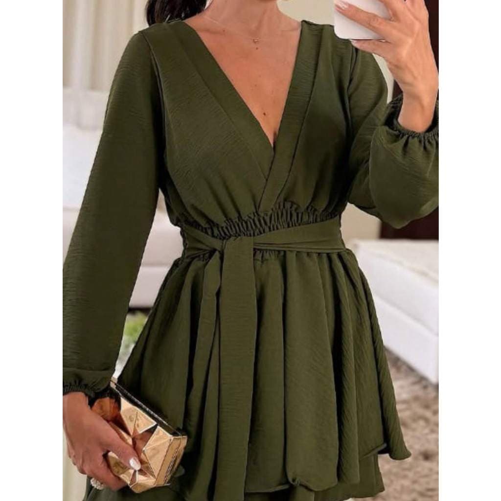 Vestido Macaquinho Com Amarração Frontal Com Elástico Na Manga Simples elegante