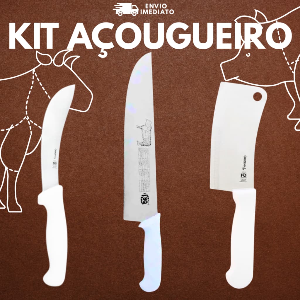 Kit Açougueiro Cutelo Faca Tira Couro Faca Carnes Profissional Cortes Açougue Churrasco