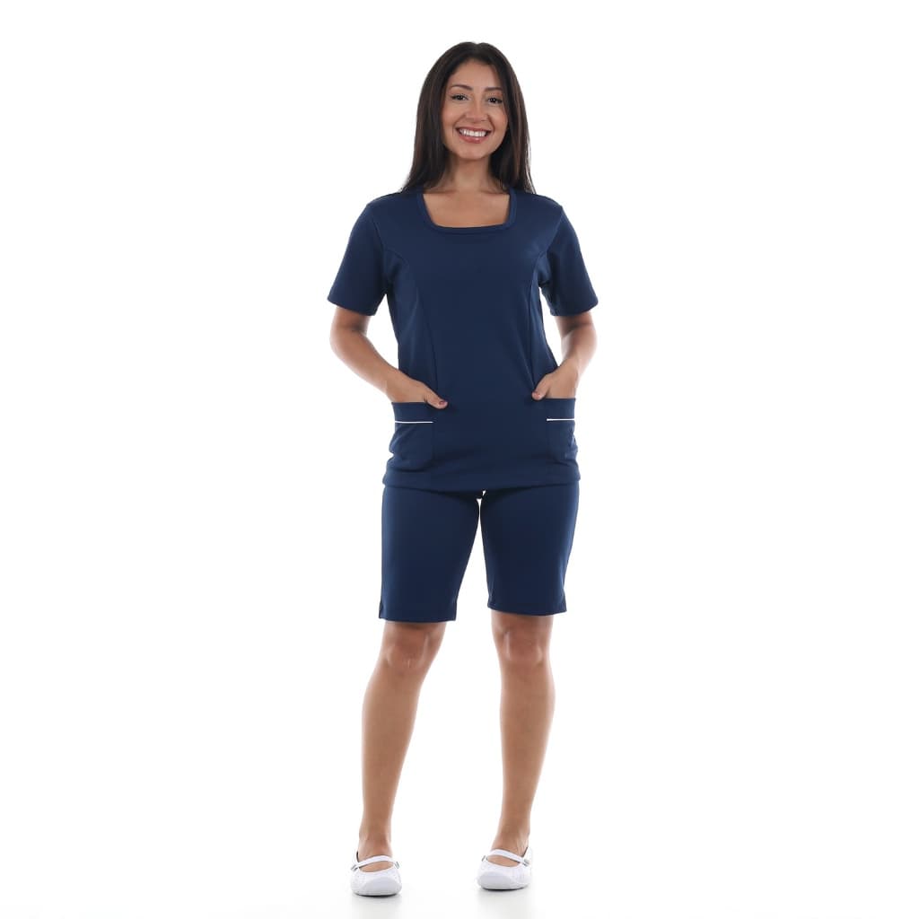 Uniforme Trabalho Conjunto Bermuda e Jaleco Helanca Confortávell Elegante Copa Faxina Babá Doméstica