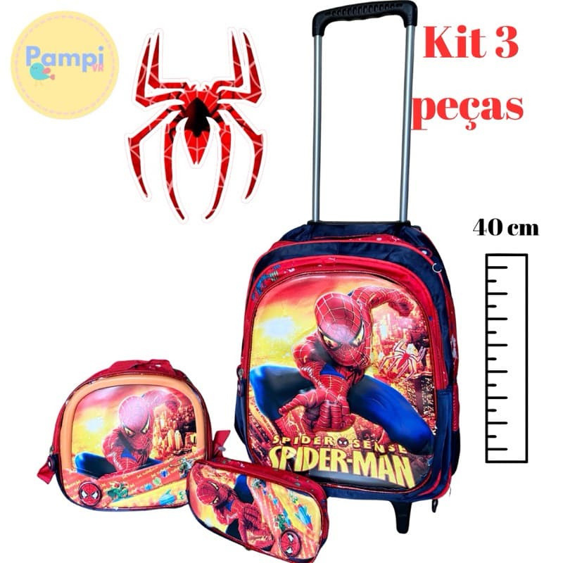 Kit Mochila Infantil Escolar Homem Aranha Minicraft 3D Rodinha 3 Peças