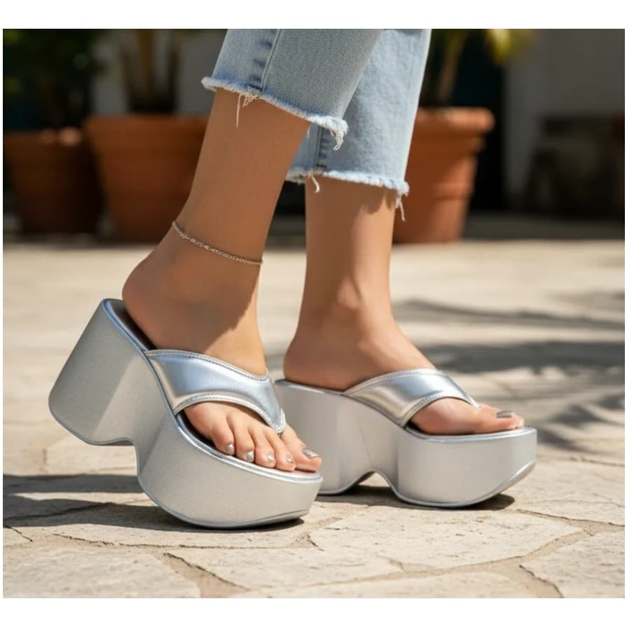 Sandália Feminina Tamanco Flatform Anabela Alta Tira Acolchoada Leve Confortável Prata Metálico