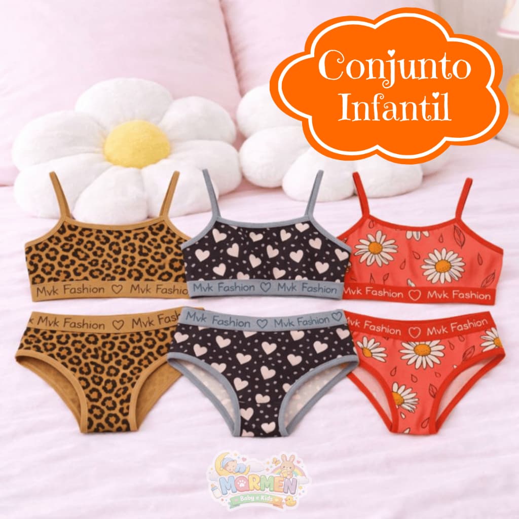Kit 2/3/5 Conjunto Calcinha e Sutiã Infantil Juvenil Microfibra Respirável