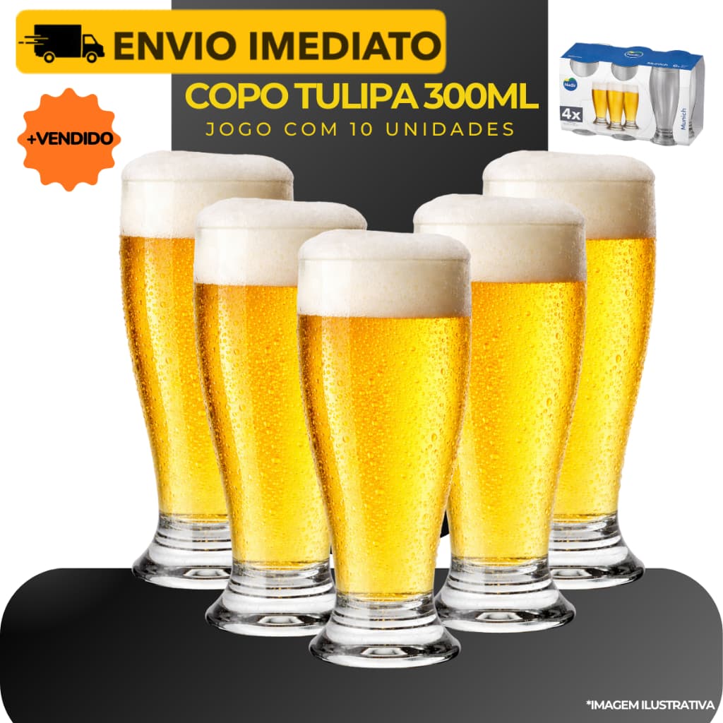 Jogo 10 Copos Tulipa 300ml Munich Cerveja Chopp Taça Conjunto Vidro Nadir