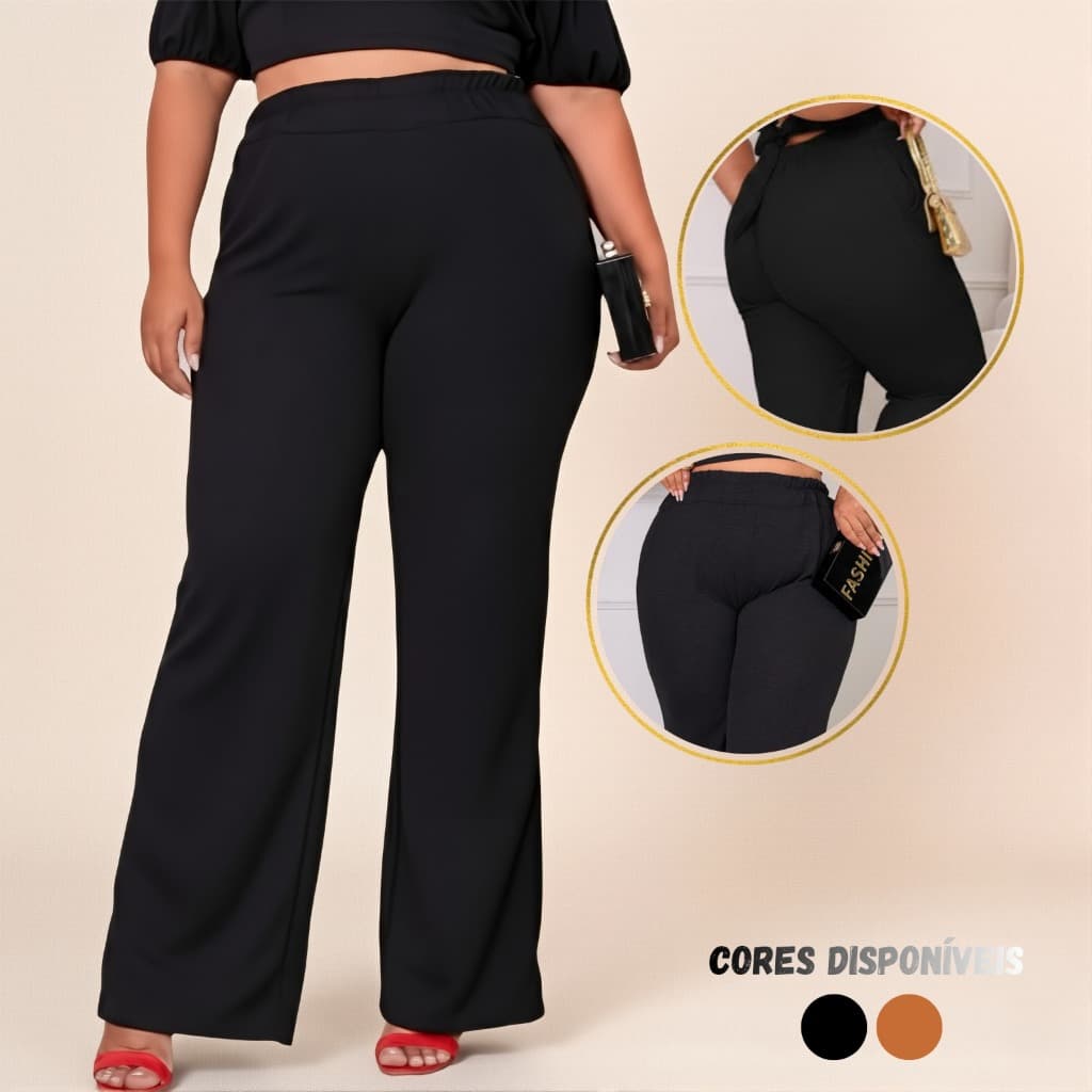 Calça Pantalona Plus Size Cintura Alta Com Elástico Tecido Duna - Conforto e Elegância Do 46 ao 52.