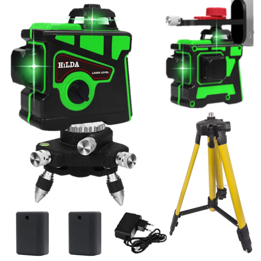 Nível Laser Hilda 12 Linhas Verde 2 Baterias 3d 360 Auto Nivelamento Tripé Regulável de até 1,2 m