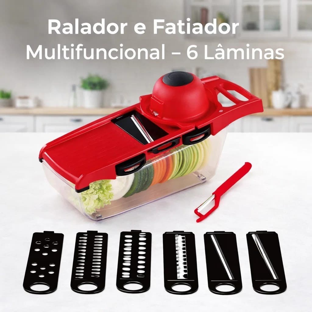 Cortador Ralador Picador Fatiador Profissional de Legumes 6 em 1 Inox Multifuncional Prático Protetor de Mão Cozinha