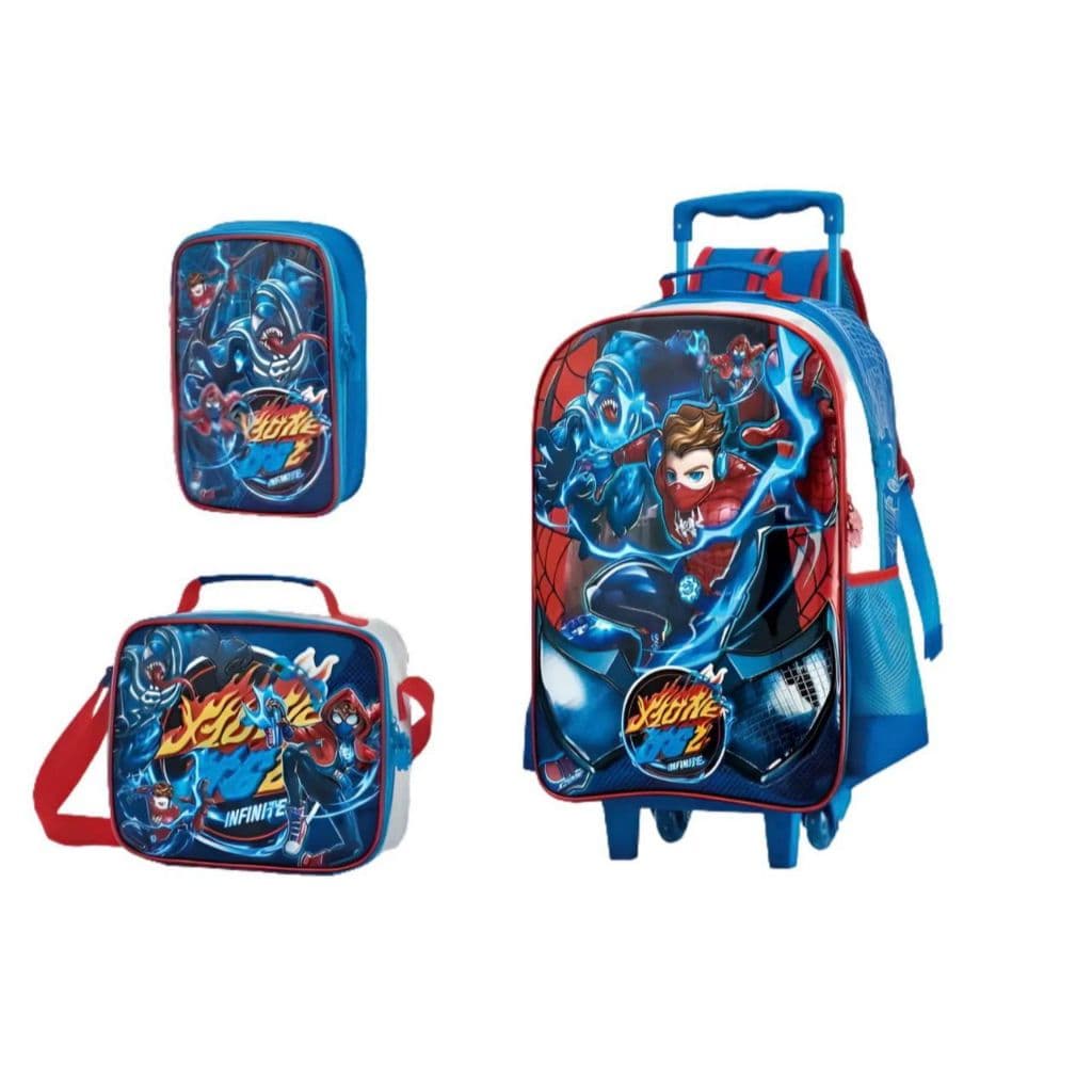 Kit Mochila Escolar Spider Rodinha Carrinho + Lancheira Estojo Box Menino - Fuseco