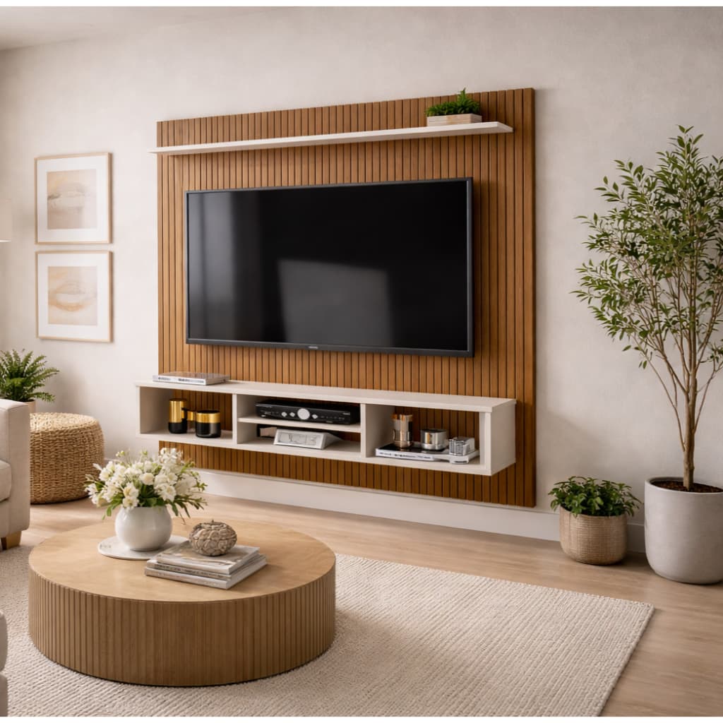Rack Painel Home Suspenso Ripado C/ Nichos e Prateleira TV Até 50 Polegadas Moderno