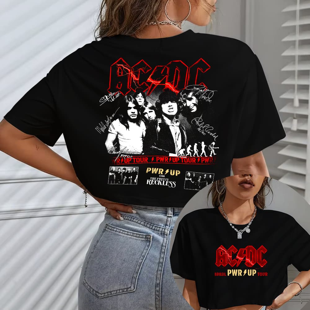 Blusa Cropped Oversized Feminina ACDC Power Up World Tour Show Brasil 2026 PWR UP Turnê Mundial Banda de Rock