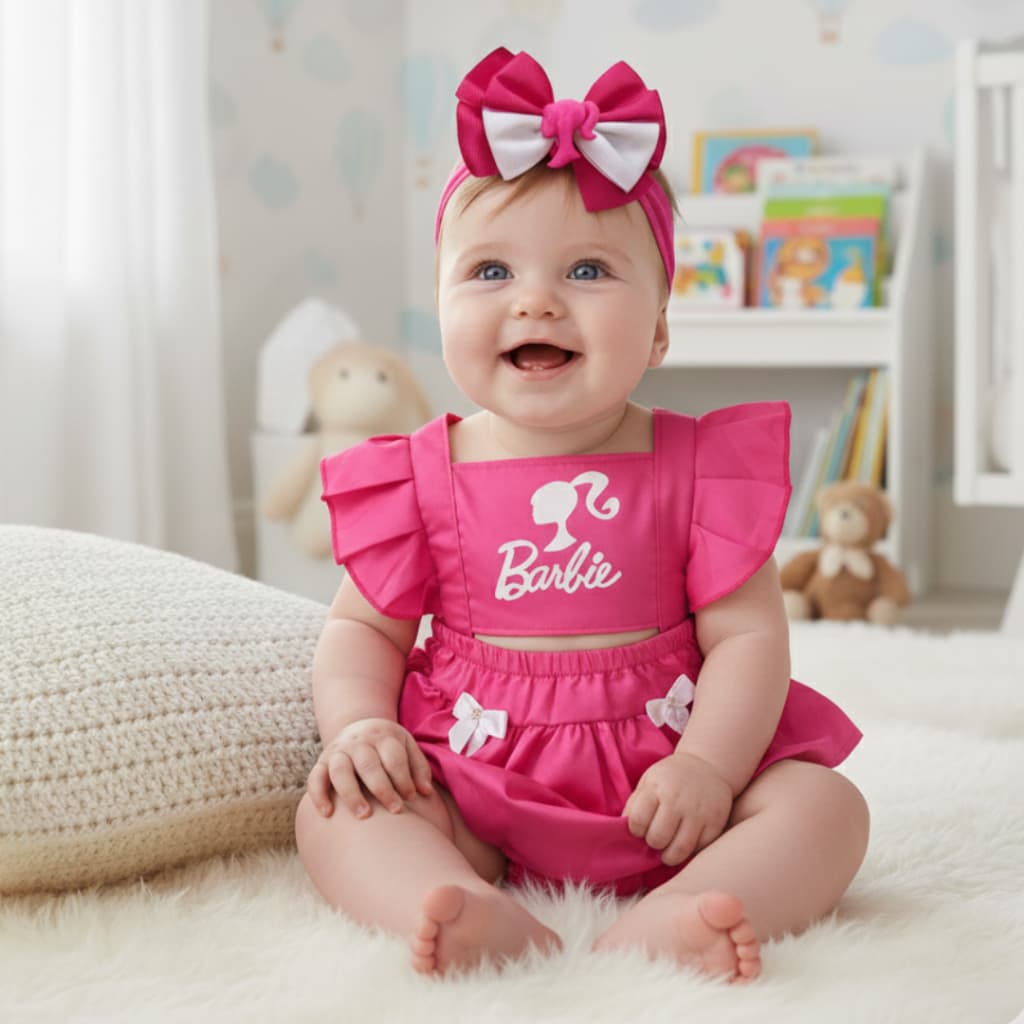 Romper jardineira Mêsversário Baby Barbie – Linha Baby | Tamanho Único pink  tematico