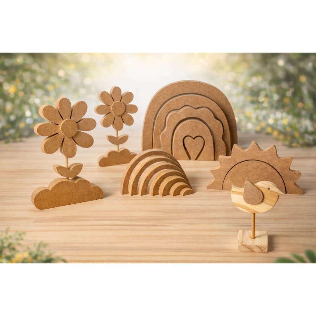 Kit Decoração em MDF – Margaridas, Passarinhos, Nuvem e Arco-Íris