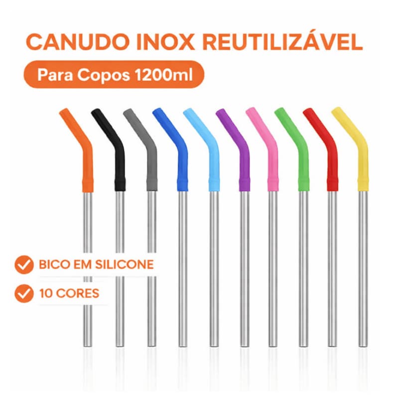 Kit de 10 Canudos de Aço Inox Reutilizável Curvo com Ponteira de Silicone para Copos Grandes