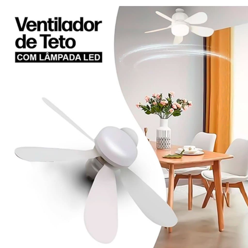 Ventilador Luminária Led 5 Pás 80W Lâmpada Soquete Bocal E27 Teto 3 Cores Luz Branco Amarelo Bivolt