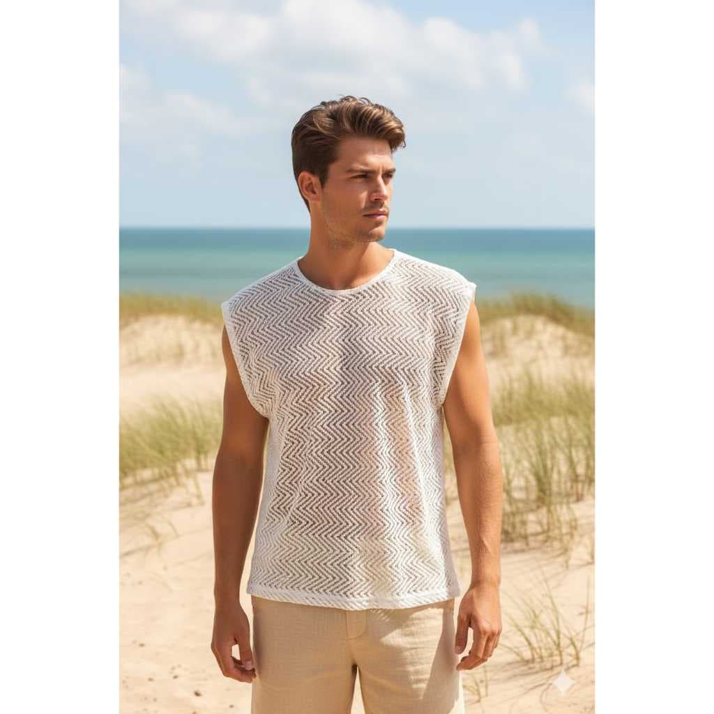 Regata Masculina Tricô Crochê Zig Zag Verão Moda Praia Casual