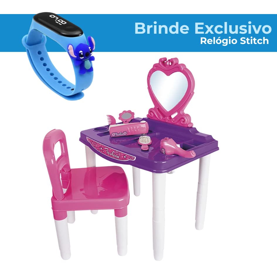 Master Penteadeira Fashion Infantil com Cadeira Poliplac + Brinde Exclusivo Relógio Stitch
