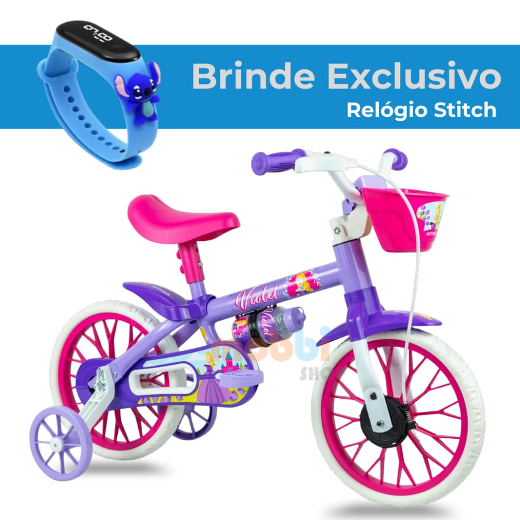 Bicicleta Infantil Aro 12 Nathor Violet 4 Bike + Brinde Relógio Stitch