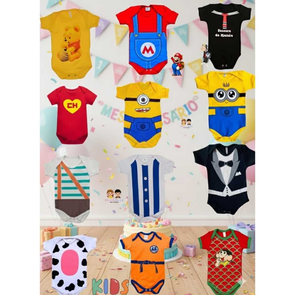 Bodys personagens para mesversario gogu,vaquinha,magali,chaves,supermario tematico