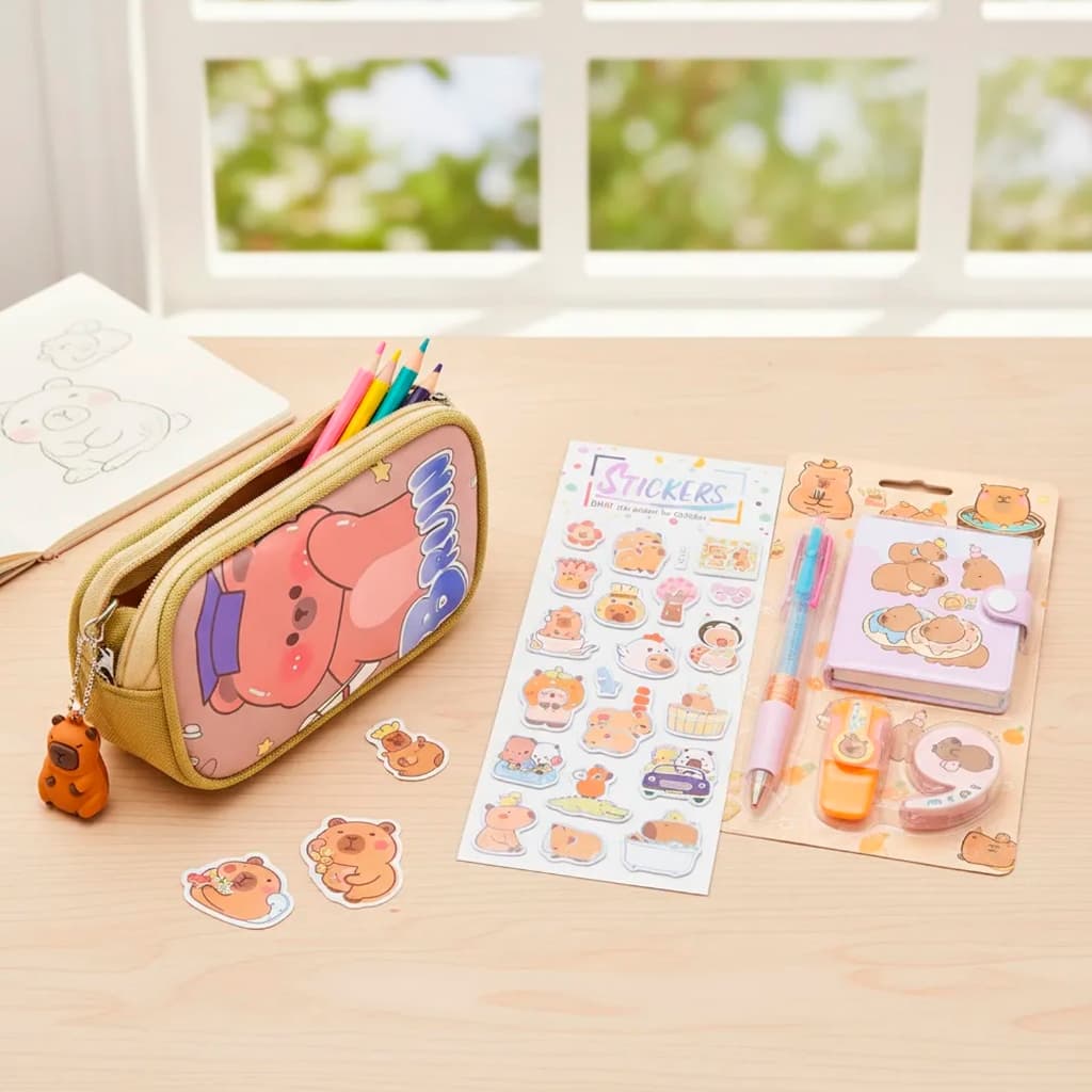 Estojo Escolar Capivara  Kawaii 3 compartimentos Organizador + Papelaria Fofa + Adesivos Capivara 3D