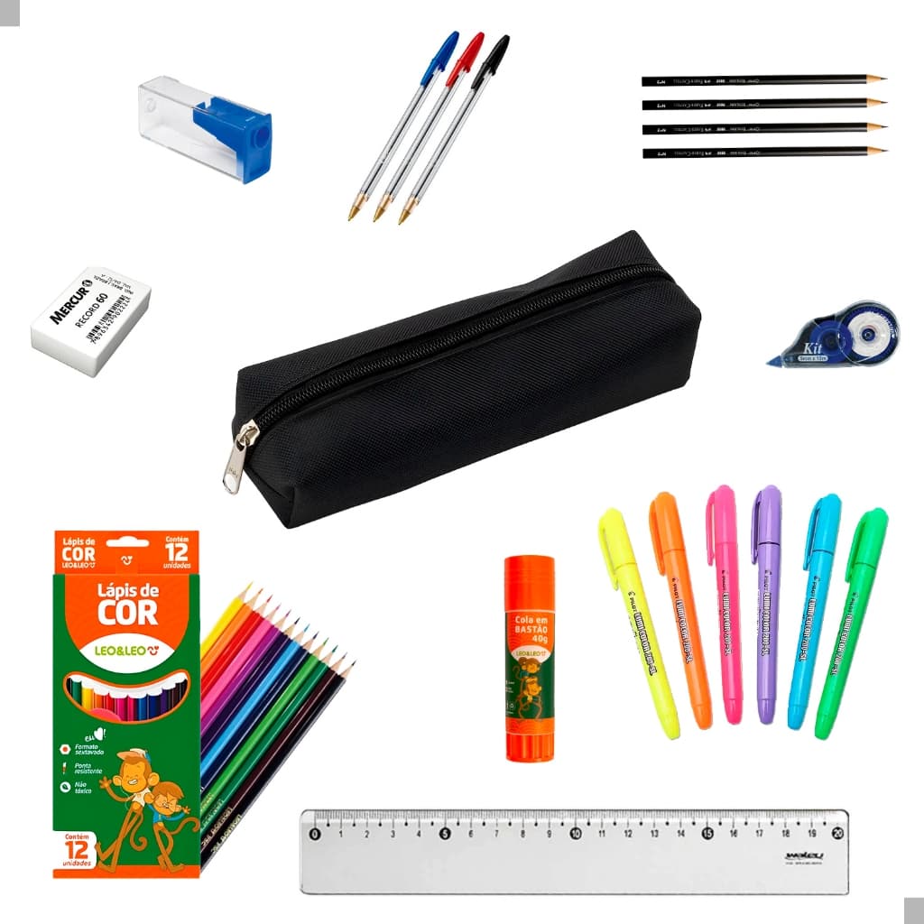 Kit Material Escolar Completo -28 Itens - Volta Aulas - Ensino Fundamental com Estojo - Lápis de Cor