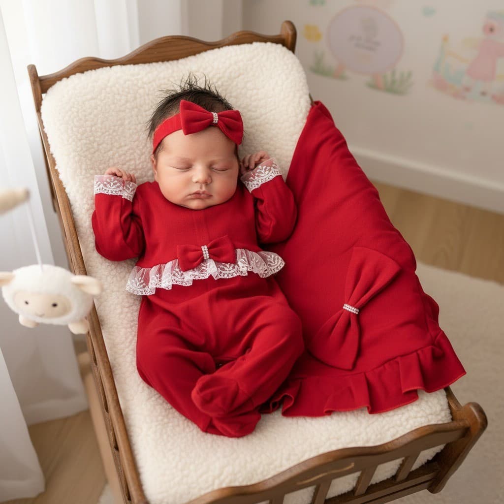 Kit Saída Maternidade Bebê Menina Vermelha com Manta Algodão 100% Renda Enxoval Luxo Premium